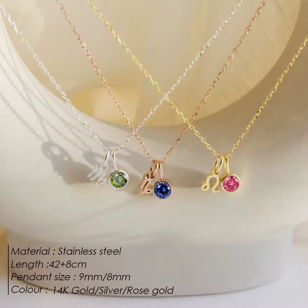 New 12 Zodiac signs Birthstone Necklace set stainless Steel DIY pendant Anniversary gift waterproof Handmade